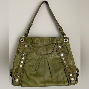 B. Makowsky Green Leather Shoulder Bag with Silver Accents